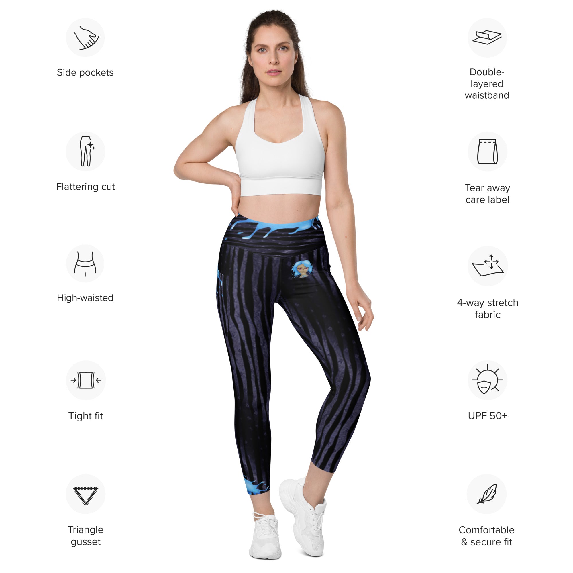 Gym Leggings with Pockets for Aquarius Girls. Zodiac Yoga Pants- Cosmic Aqua by WickedYo.